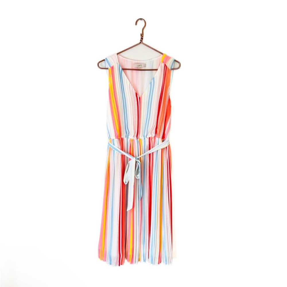 Loft Womens Large Petite Rainbow Striped Pleated Belted Midi Dress - Picture 2 of 7